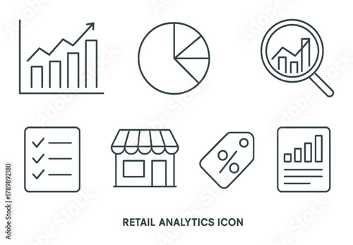 Retail analytics icons set featuring graphs, pie chart, checklist, storefront, discount tag, and magnifying glass