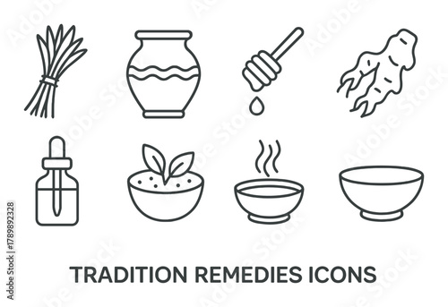 Traditional remedies icons featuring ginger, honey, herbs, and pot