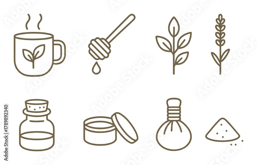Herbal tea and natural ingredients icon set with honey and lavender