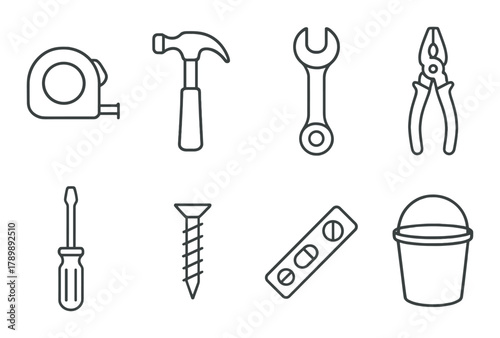 Set of construction and repair tools on grayscale background