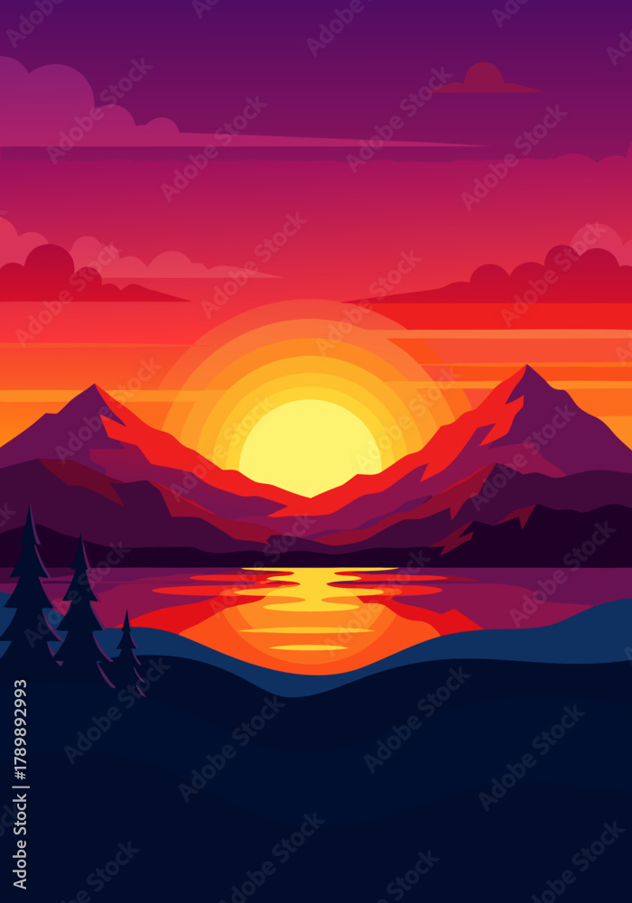 Φωτογραφία Sunset over mountains and lake, vibrant colors reflect in the water, a beautiful
