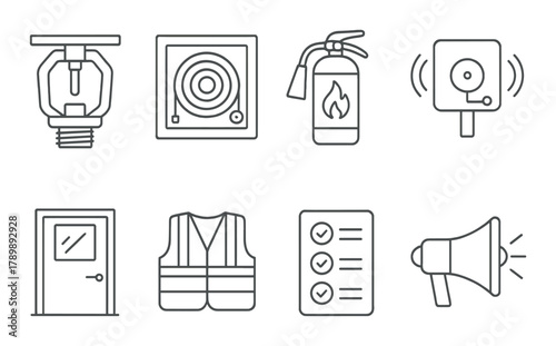 Fire safety essentials: alarm, sprinkler, extinguisher, emergency icons