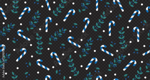 Leaves and blueberries with candy cane seamless pattern. Perfect for wrapping paper, fabric, and holiday decoration. Winter holidays theme. Vector illustration