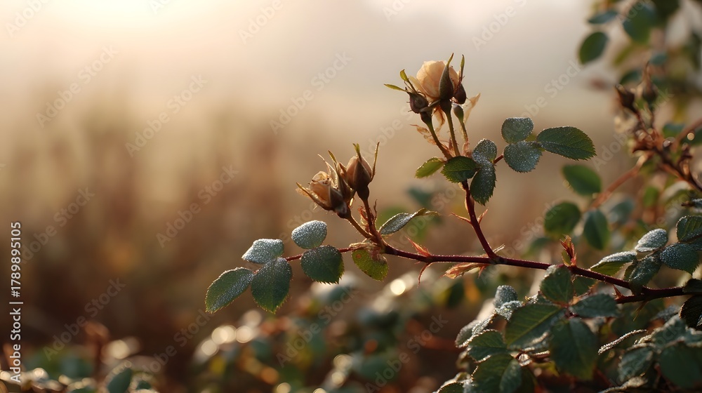 Fototapeta premium Delicate rose buds covered in frost bathed in soft morning light with a misty background