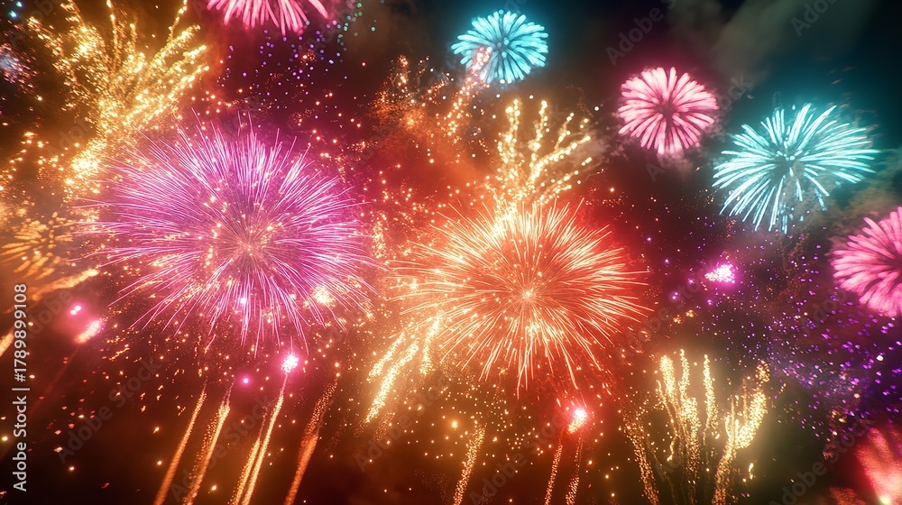 Fototapeta premium A vibrant display of fireworks illuminates the night sky, bringing joy and excitement to the celebration