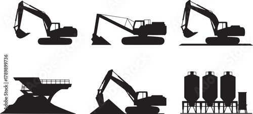 Heavy equipment silhouette set for construction site in black and white style
