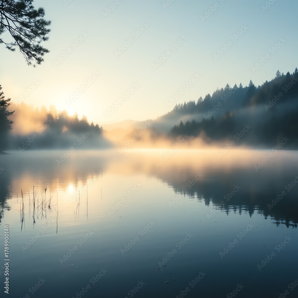 Fototapeta premium Lake Serenity Golden Sunrise Reflection Morning Fog Calm Water