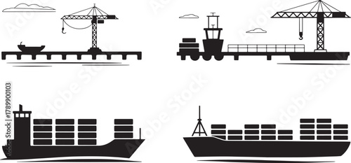 Silhouettes of cranes and ships at industrial port container transportation vector