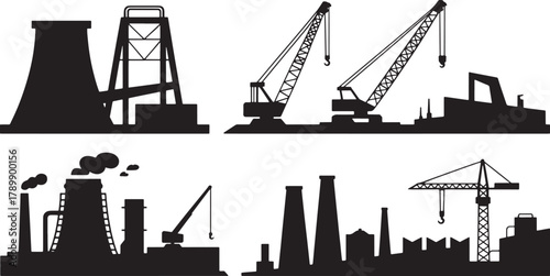 Industrial factory construction site silhouette heavy equipment vector illustration