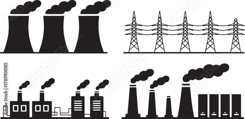 Nuclear power plant and high voltage electric pylon silhouette vector illustration