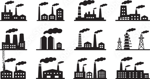 Set of Factory Industry Buildings Plant Silhouette with Chimneys and Smoke Isolated
