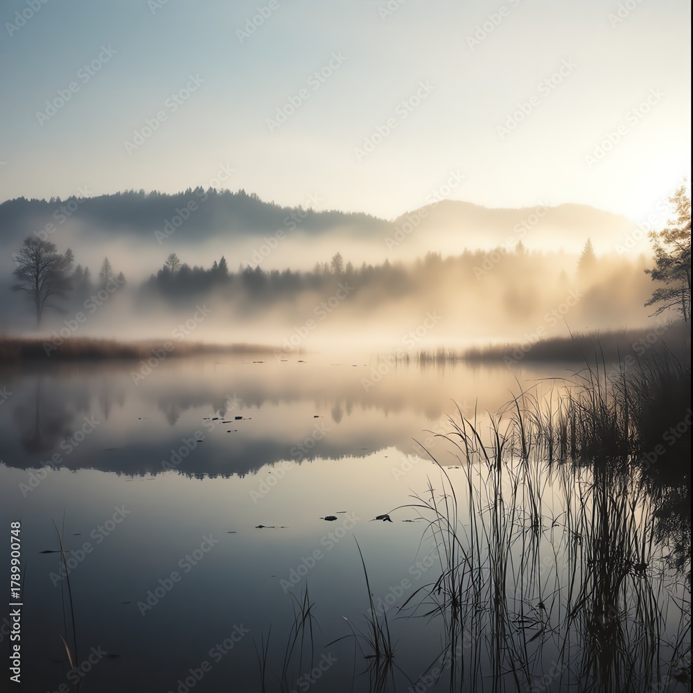 Fototapeta premium Serene Lake Sunrise with Foggy Forest and Reflections Calm Water