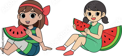 girl eating watermelon, healthy fruit cartoon, summer fresh illustration, nutrition education vector, kids health awareness, happy fruit design, lifestyle artwork concept, wellness cartoon drawing, he