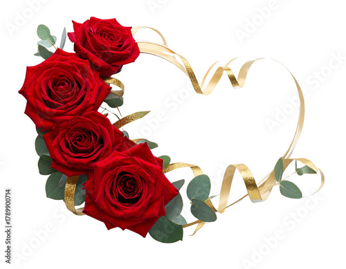  Romantic Red Rose Heart with Gold Ribbon and Greenery Accents