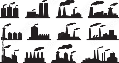 Set of Vector Factory Industry Buildings Plant Silhouette with Smoke Stack Isolated