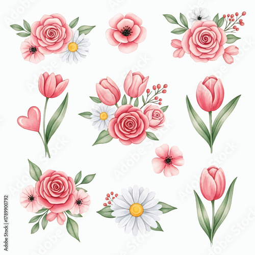 Set of Watercolor Pink Roses, Tulips, and Daisy Flower Arrangements