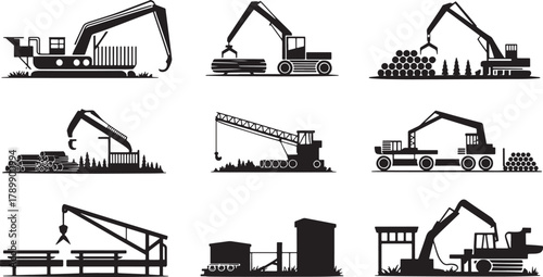 Silhouettes of different kinds of timber crane equipment on transparent background