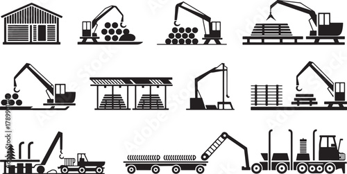 Silhouette of logging industry machinery for handling and lifting timber resources