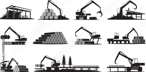 Logging industry machines for transporting and loading timber silhouette vector