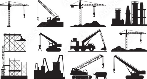 Set of Construction Cranes with Hooks and Scaffolding Silhouette Vector Illustration