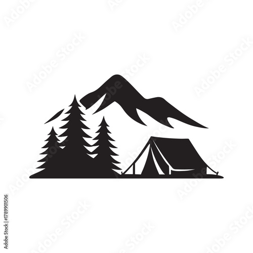 Camping adventure in the mountains with trees and a tent promoting outdoor recreation and travel experiences vector illustration