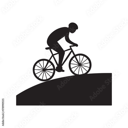Black silhouette of a cyclist riding uphill on a mountain bike representing sports and recreation with determination and challenge on white background
