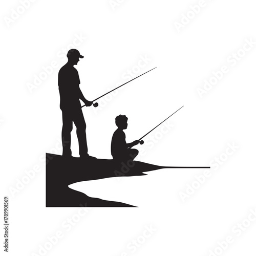 Father and Son Fishing Silhouette on Riverbank Bonding Time and Outdoor Recreation Adventure