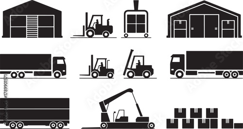 Set of Warehouse Buildings with Trucks Forklifts and Stacks Pallets Silhouette Vector