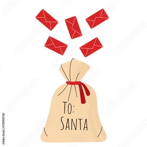 Flat style Christmas illustration of a gift bag with red envelopes flying to Santa. Festive holiday mail concept perfect for greeting cards, posters, social media and winter design projects.
