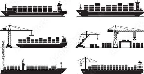 Silhouettes of Cargo Container Ships and Cranes Isolated on Transparent Background