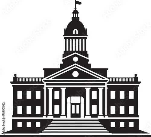Silhouette Vector Illustration of Government Building with Dome and Flag on Top