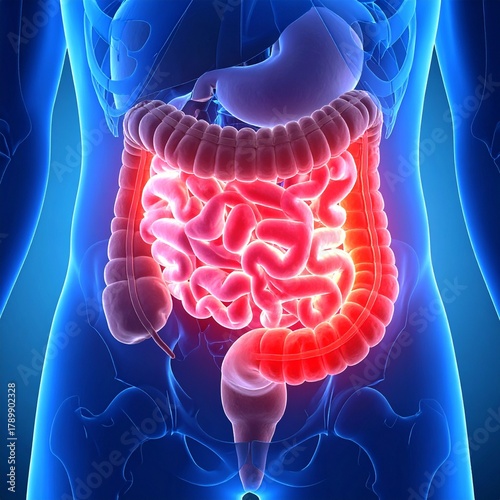 Detailed 3D medical illustration of the human digestive system showing the stomach, small intestine, and large intestine, with inflamed or irritated sections highlighted in red inside the abdomen.