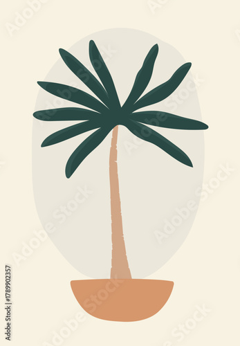 Palm tree with long green leaves and brown trunk inside a simple terracotta pot illustration