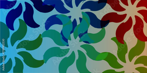 Vibrant multi-colored abstract floral design with flowing shapes, creating a harmonious pattern with overlapping hues and shades,