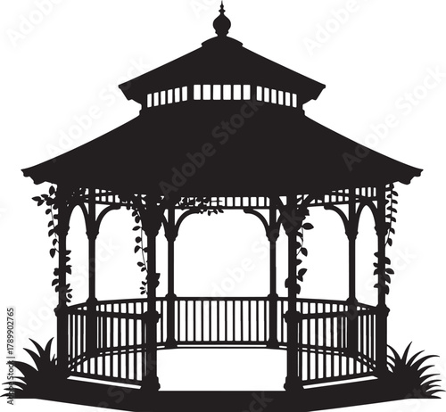 Silhouette of Gazebo Structure with Vines and Ornamental Plants in Black and White