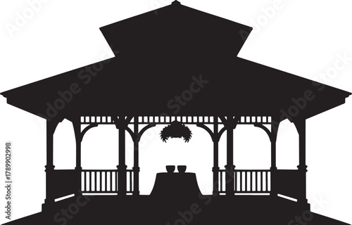 Silhouette of Gazebo Structure With Table Setup for an Event in Black and White