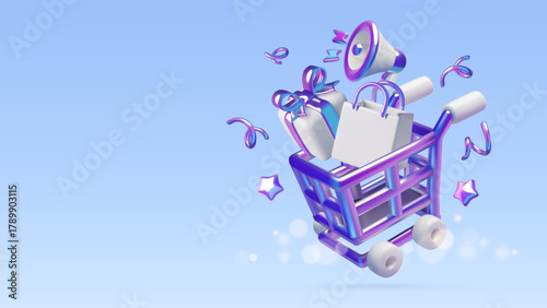 Holiday sale background with 3d supermarket shopping cart with gifts, presents and confetti. Blue and purple holographic gradient elements on blue background. Vector illustration. 