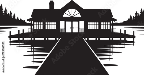 Silhouette of Lakeside Lodge on Transparent Background Great for Resort Designs