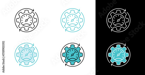 Cogwheel with gauge icon for speed monitoring and productivity management in line and fill style
