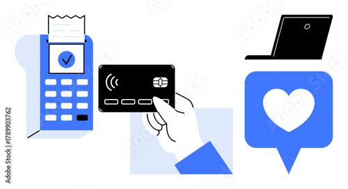 Payment terminal with receipt, hand holding credit card, laptop, heart icon. Ideal for finance, e-commerce, technology, digital payment, love for tech modern transactions simple flat metaphor