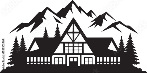 Mountain lodge vector silhouette with chalet building and alpine forest landscape