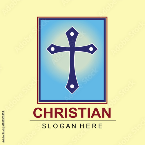 Religious Christian Cross Symbol in Blue Frame