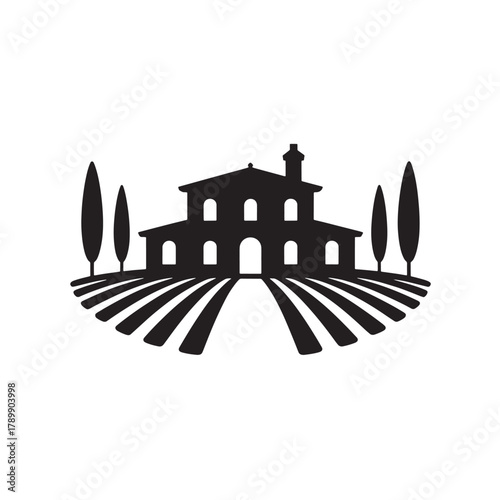 Vintage farm house vector silhouette with cypresses and vineyard field landscape
