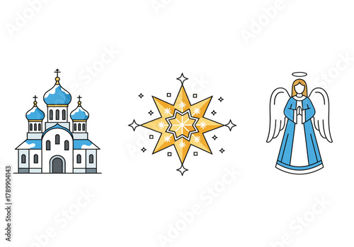 Set of religious Christmas icons featuring an Orthodox church, the Star of Bethlehem, and a praying angel.