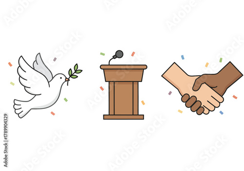 A set of icons showing a peace dove with an olive branch, a speaker's podium, and a multiracial handshake, symbolizing diplomacy and unity.