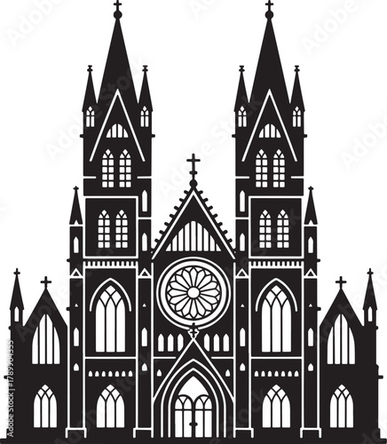 Detailed Silhouette Illustration Of Gothic Cathedral Church With High Tower Architecture
