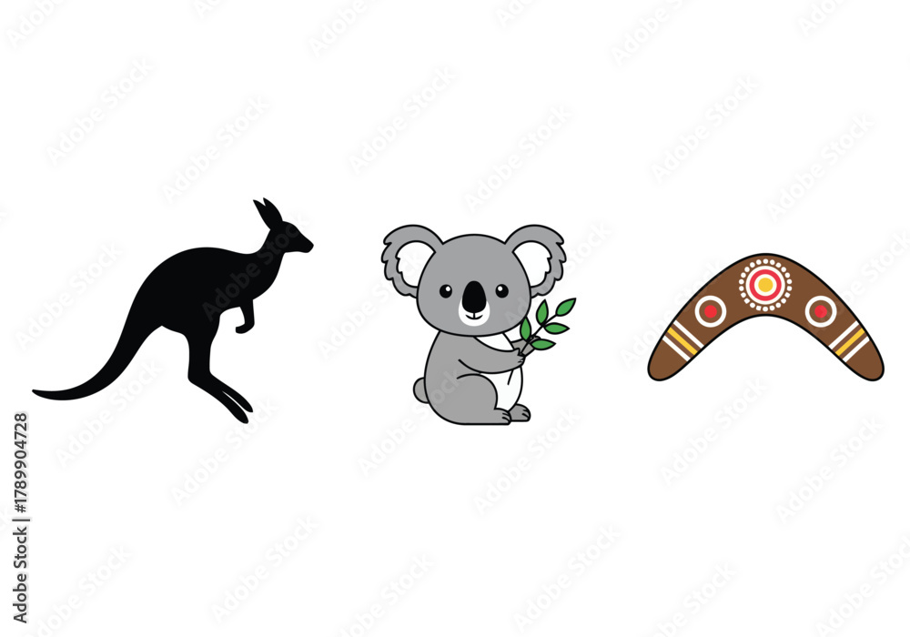 Obraz premium A set of three iconic Australian symbols: a kangaroo silhouette, a cartoon koala, and a traditional boomerang.