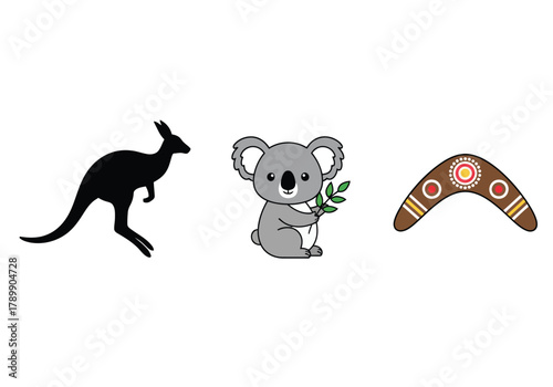 A set of three iconic Australian symbols: a kangaroo silhouette, a cartoon koala, and a traditional boomerang.