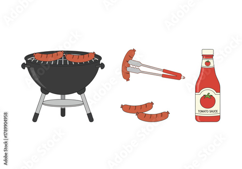 Barbecue essentials set with a kettle grill, sausages, cooking tongs, and a bottle of tomato sauce.