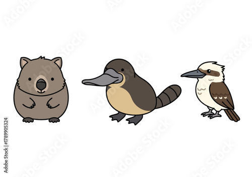 A cute cartoon collection of Australian animals including a wombat, platypus, and kookaburra, isolated on a white background.